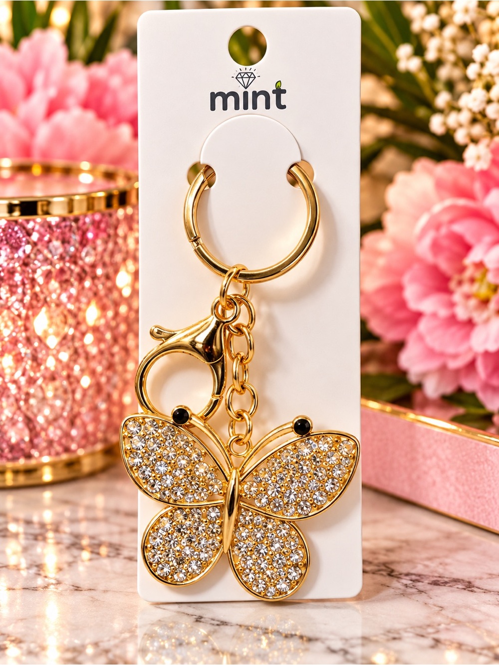 Mint Gold Rhinestone Butterfly Key Chain/Charm